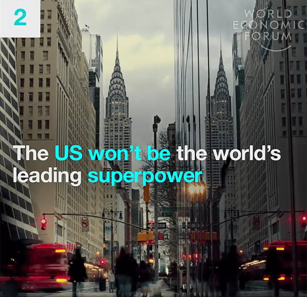 World Economic Forum, New York sky scrappers, Cars on the street, People walking, Title: The US won't be the world's leading superpower