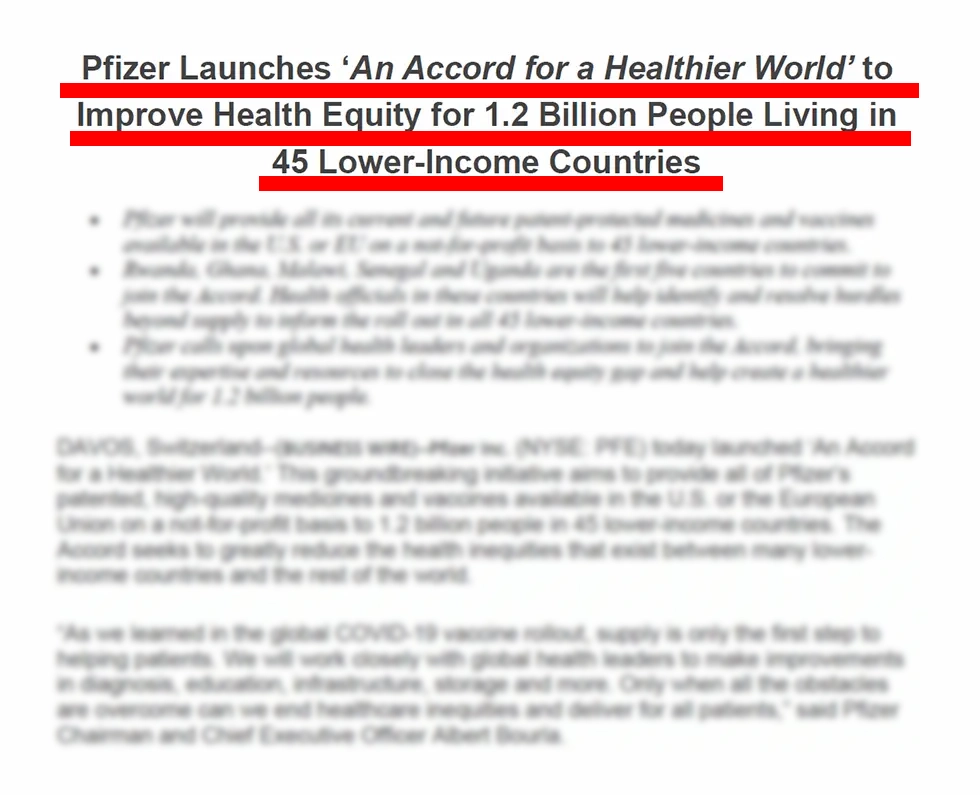 Phizer Launchaes 'An Accord for a Healthier World' to Improve Health Equity for 1.2 Billion People Living in 45 Lower-Income Countries